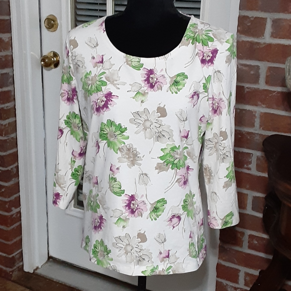 Talbots stretch cream floral top cream pink green tan 3/4 sleeve Medium EUC …